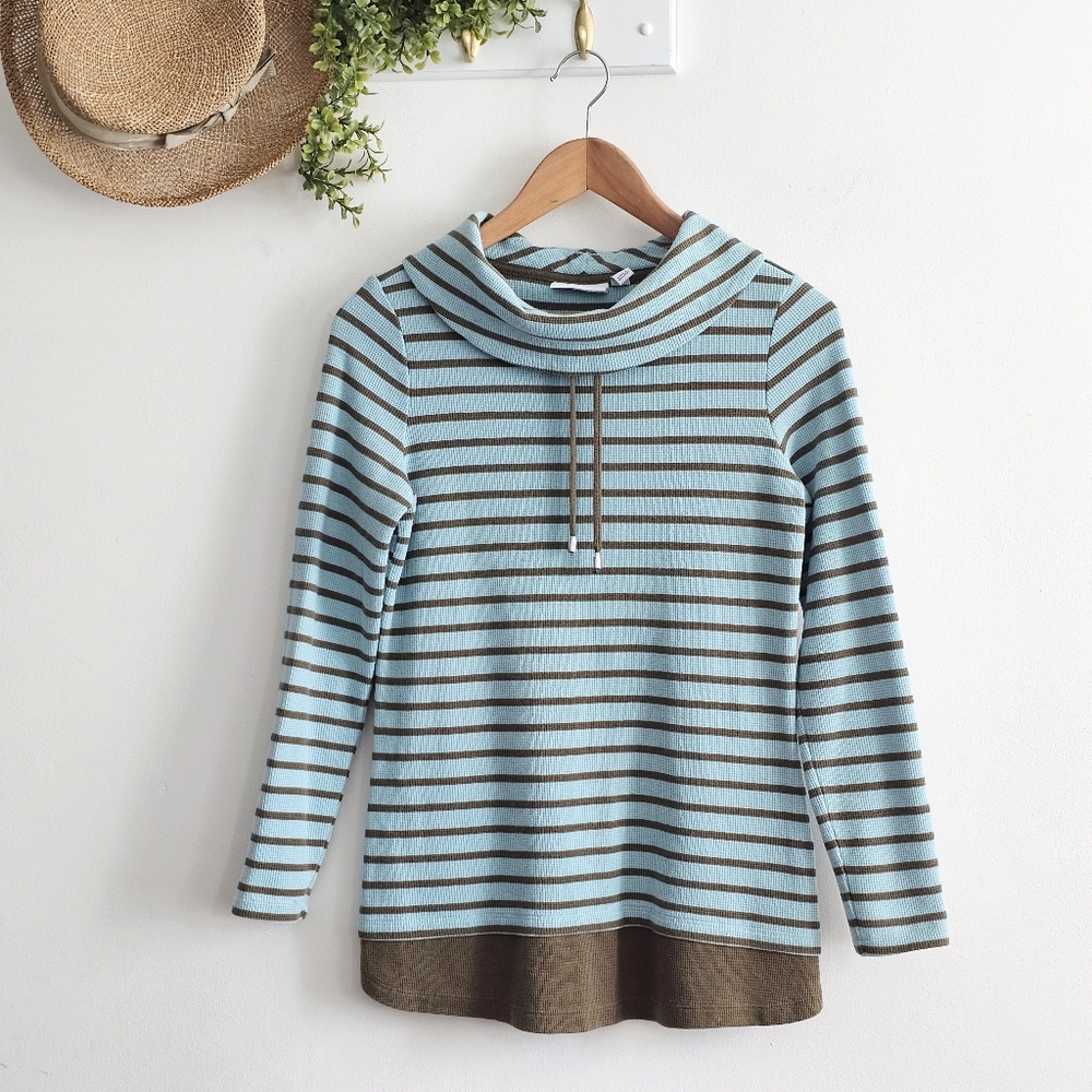 🍃 d&co Active Striped Cowl Neck Tunic Top Blue Brown Waffle Knit XXS